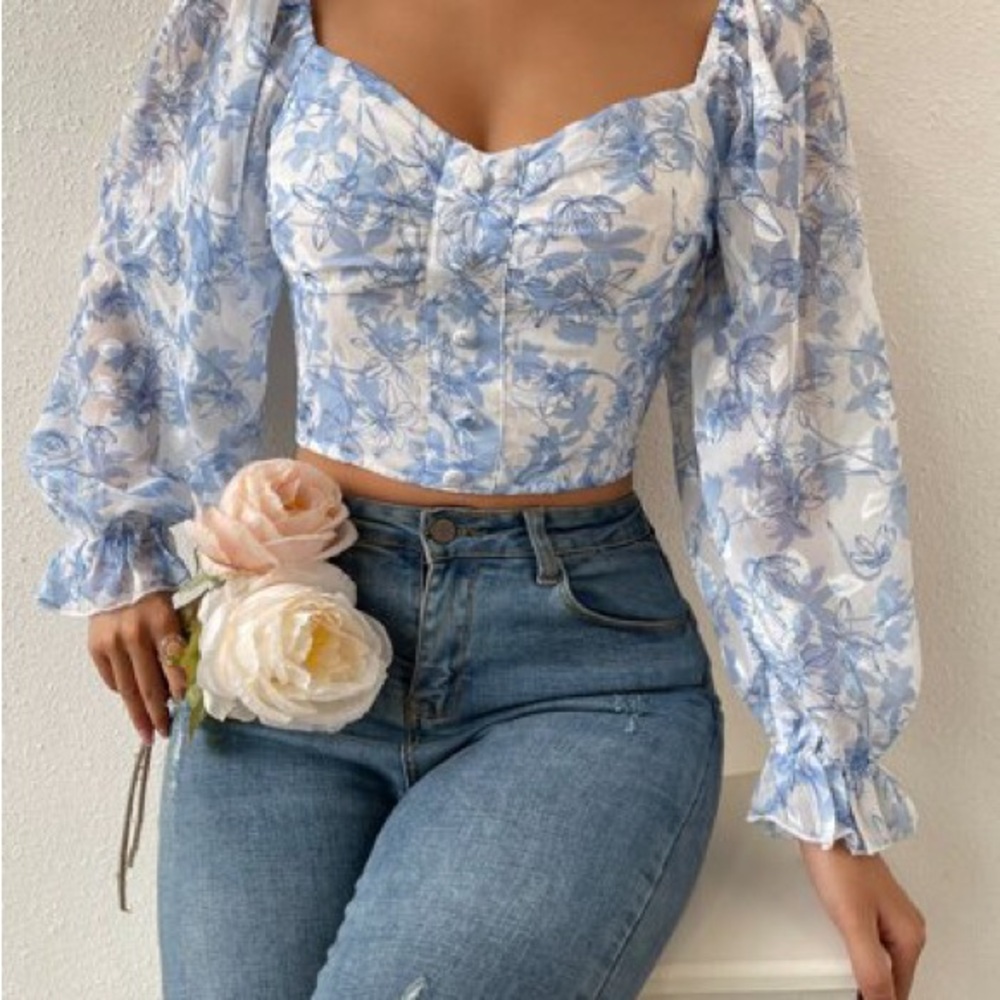 SHEIN 💙 Calvaya Floral Flounce Sleeve Chiffon Long Sleeve Crop Blouse Size XS💙